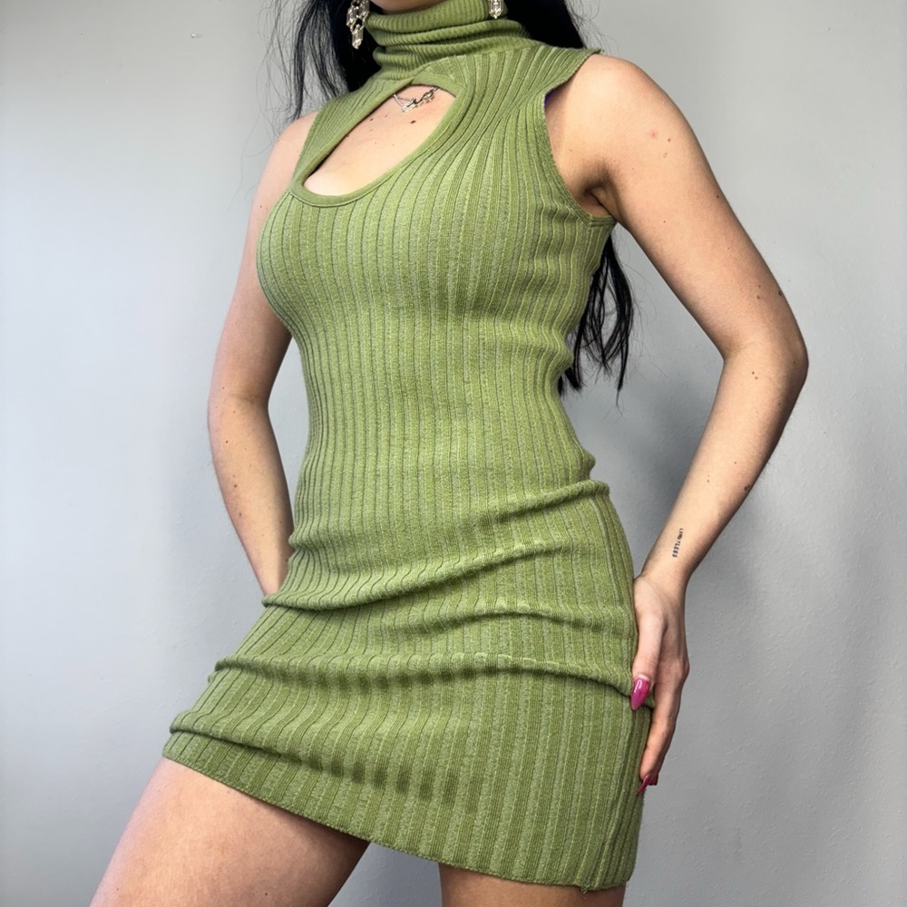 Green turtleneck flattering mini Sleeveless Ribbed Dress